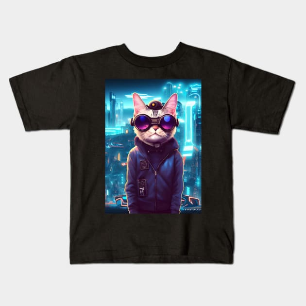 Cool Japanese Techno Cat In Japan Neon City Kids T-Shirt by star trek fanart and more